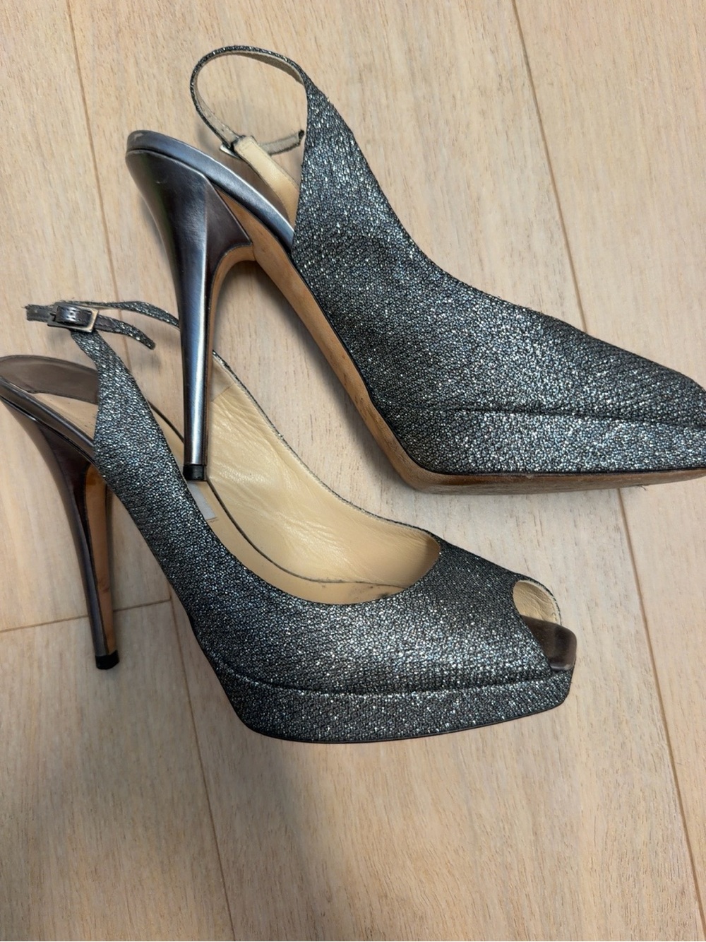 Jimmy Choo Gunmetal Glitter Peep-Toe Slingback Pumps